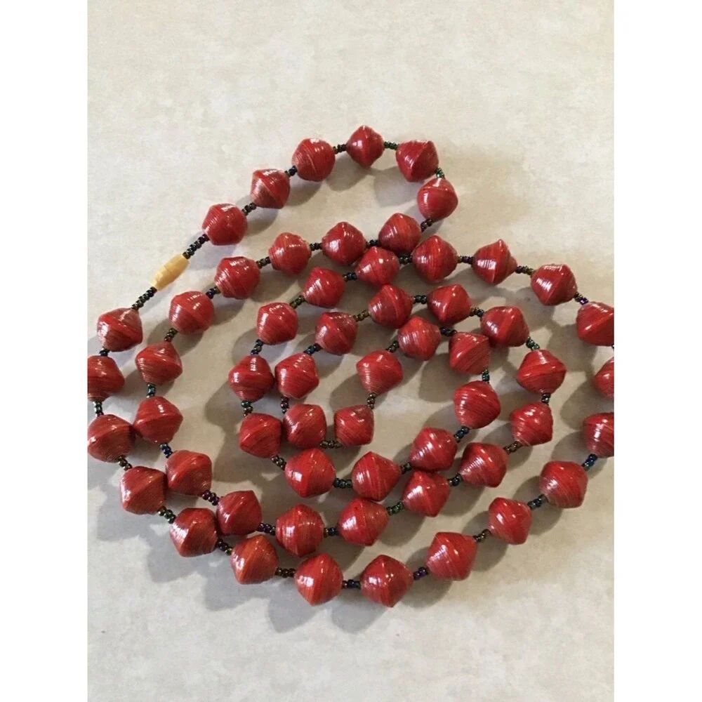 Handmade Red Paper Bead Necklace 36” Long Sustainable Eco-Friendly Boho Jewelry